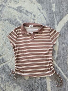 Striped Polo Top with Side Ruching - Brown & Cream Size L